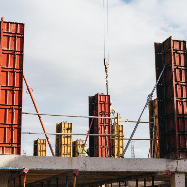 Formwork pillars ready for concrete pouring in construction site